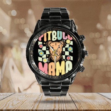 Discover Groovy Pitbull Mom Female Dog Lover Calendar Steel Band Watch