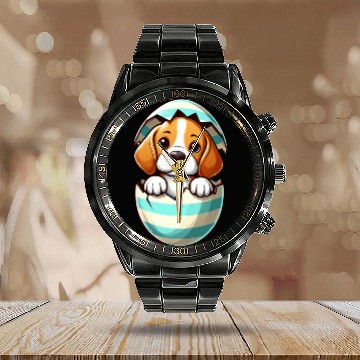 Discover Colorful Beagle Dog Easter Egg Hatching Design Calendar Steel Band Watch