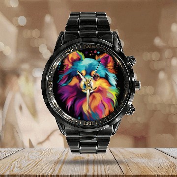 Discover Watercolor Colorful Pomeranian Calendar Steel Band Watch