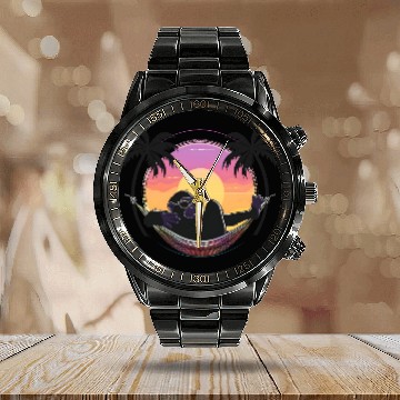 Discover Chill Ape Sunset - Tropical Hammock Relaxation Calendar Steel Band Watch