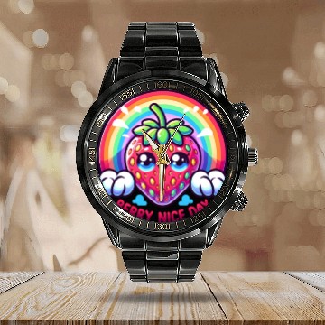 Discover Cute Strawberry, Strawberry Lover, Rainbow Berry Calendar Steel Band Watch
