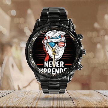 Discover Trump Never Surrender Mug Shot Calendar Steel Band Watch