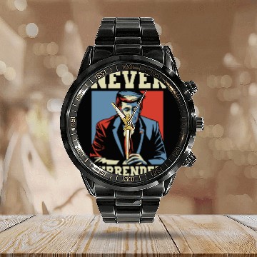 Discover Trump Never Surrender Mug Shot Calendar Steel Band Watch