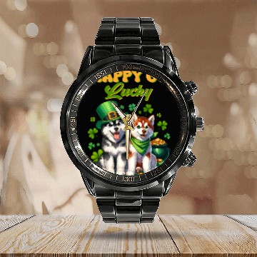 Discover Happy Go Lucky Cute Husky St Patricks Day Calendar Steel Band Watch