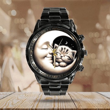 Discover Peaceful Kitten and Moon Embrace Calendar Steel Band Watch