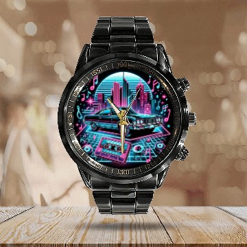 Discover Retro Vintage Car & Cassette Tape Neon Design Calendar Steel Band Watch