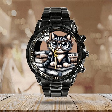 Discover Funny Cat in Oversized Glasses Reading Humor Calendar Steel Band Watch