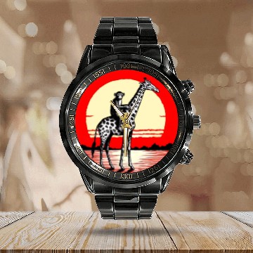 Discover Sunset Safari: Monkey Riding Giraffe Calendar Steel Band Watch