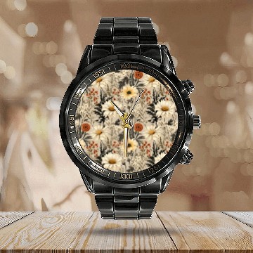 Discover Delicate Wildflowers Pattern Calendar Steel Band Watch