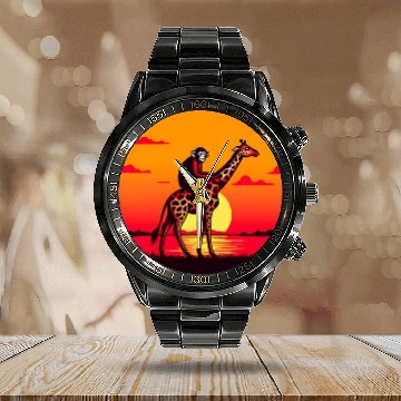 Discover Sunset Safari: Monkey Riding Giraffe Calendar Steel Band Watch
