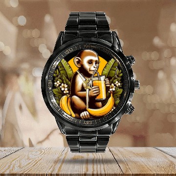 Discover Monkey Sipping Banana Juice Calendar Steel Band Watch