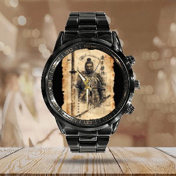 Discover Vintage Papyrus Scroll Japanese Silhouette Samurai Calendar Steel Band Watch
