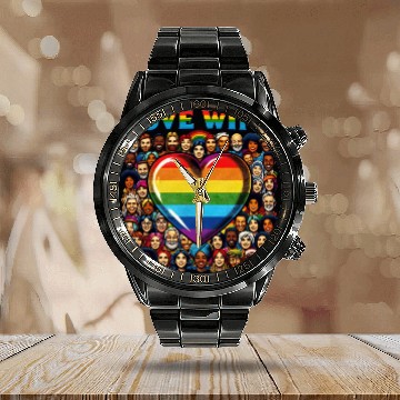 Discover Love Wins Rainbow Heart LGBT Pride Design Calendar Steel Band Watch