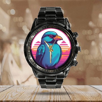 Discover Synthwave Blue Bird 2 Calendar Steel Band Watch