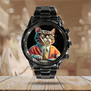 Discover 3D Business Cat Analyzes Charts - Design Calendar Steel Band Watch