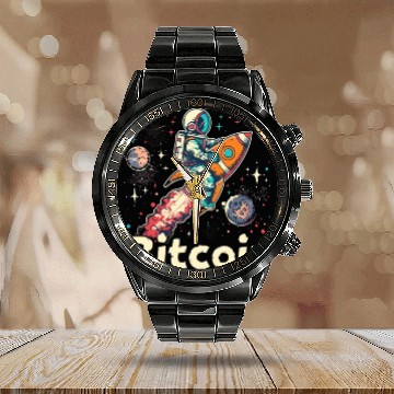 Discover Pi day 3.14 Crypto Bitcoin Rocket Riding Astronaut Calendar Steel Band Watch