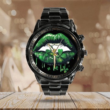 Discover St Patrick Irish Green Lips Calendar Steel Band Watch