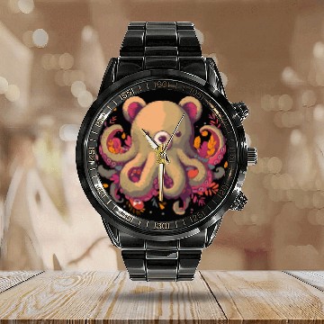 Discover Octo-Bear, October, Fall design, Autumn Design Calendar Steel Band Watch