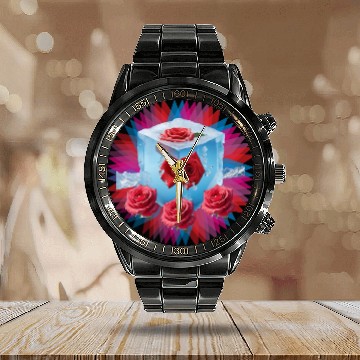Discover red spring flowers inside crystallized ice Calendar Steel Band Watch