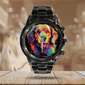 Discover Watercolor Colorful Golden Retriever Calendar Steel Band Watch