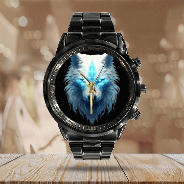 Discover Spirit animal wolf with glowing blue tribal marks Calendar Steel Band Watch