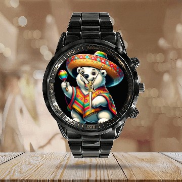 Discover Cinco de Mayo Polar Bear: Festive Mood Calendar Steel Band Watch