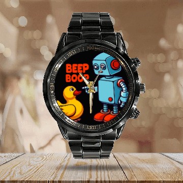 Discover Beep Boop Robot With Duck Calendar Steel Band Watch