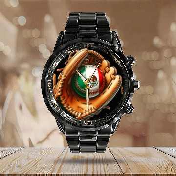 Discover Mexico flag baseball design Calendar Steel Band Watch
