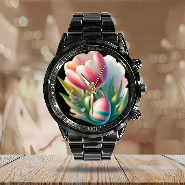 Discover Spring Colorful Tulip With Easter Egg Calendar Steel Band Watch