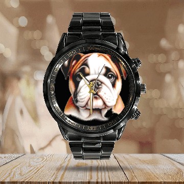 Discover Bulldog Puppy Classic Calendar Steel Band Watch