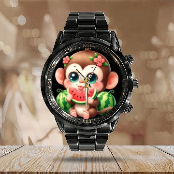 Discover Monkey Eating Watermelon Calendar Steel Band Watch