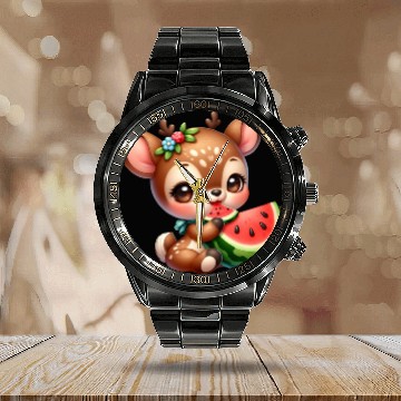 Discover Deer Eating Watermelon Calendar Steel Band Watch