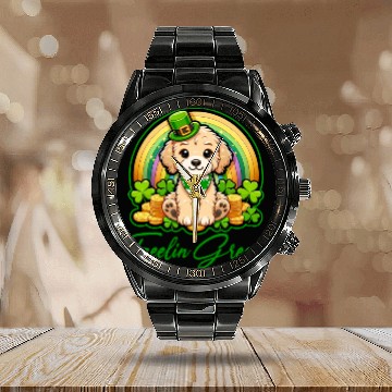 Discover Feelin Green Puppy Rainbow Funny St Patrick's Day Calendar Steel Band Watch