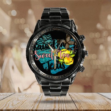 Discover raised on sweet tea and jesus Calendar Steel Band Watch