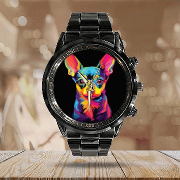 Discover Watercolor Colorful Russian Toy Terrier Calendar Steel Band Watch