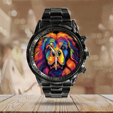 Discover Watercolor Colorful Tibetan Mastiff Calendar Steel Band Watch