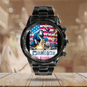 Discover Welding USA Togehter Eagle USA Flag Calendar Steel Band Watch