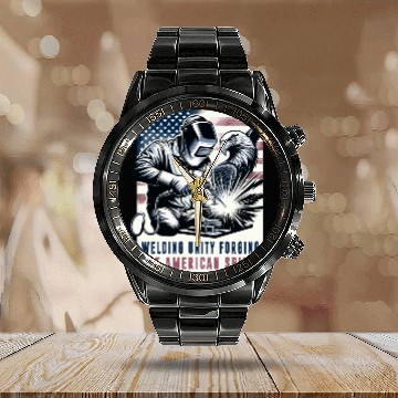 Discover Welding Unity Forging The American Spirit USA Flag Calendar Steel Band Watch