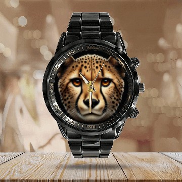 Discover Cheetah Head Wildlife Calendar Steel Band Watch