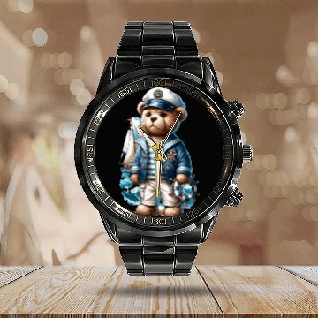 Discover Adventurous Teddy Bear Sailing Calendar Steel Band Watch