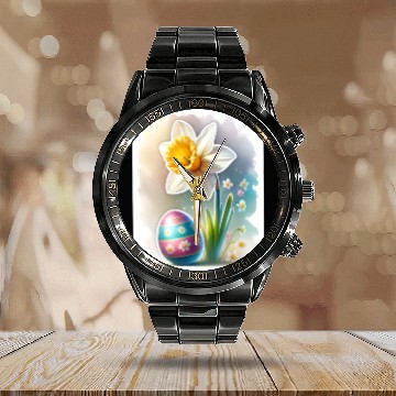 Discover A Beautiful Daffodil With an Easter Egg Calendar Steel Band Watch
