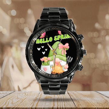 Discover Hello Spring with gnome with tulips Calendar Steel Band Watch