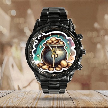 Discover Saint Patrick's Day Sparkly Pot of Gold Calendar Steel Band Watch