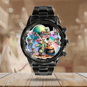 Discover Saint Patrick's Day Chibi Leprechauns Calendar Steel Band Watch