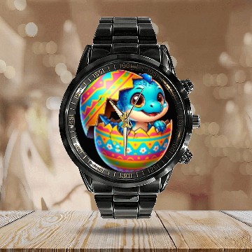 Discover Easter Egg Dino T-Rex Hatching Colorful Cartoon Calendar Steel Band Watch