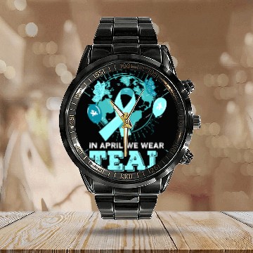 Discover Sexual Assault Awareness Teal Ribbon With Cat Calendar Steel Band Watch