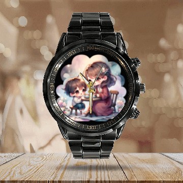 Discover Mother and Son Enjoying a Cozy Tea Party Calendar Steel Band Watch