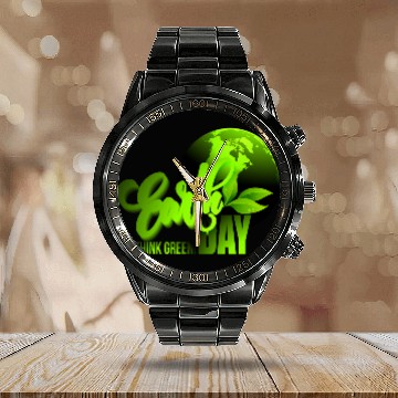 Discover Earth day black bg Calendar Steel Band Watch