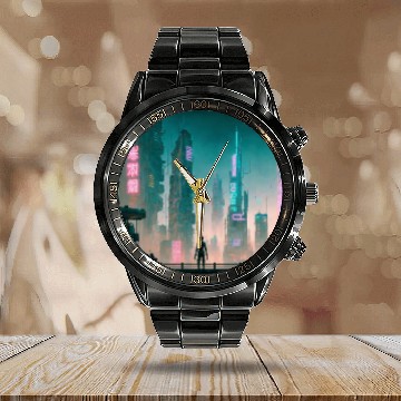 Discover Cyberpunk Cityscape Calendar Steel Band Watch