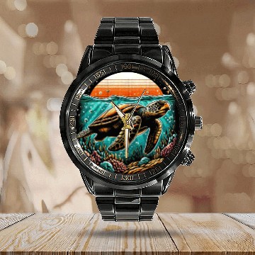 Discover turtle swimming on the seabed 2 Calendar Steel Band Watch